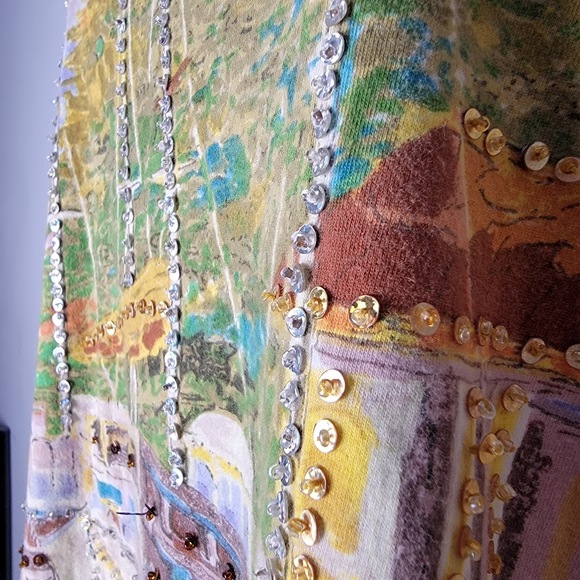 Take Two XL Sequin Art Top Scenic Boat Harbor Print Colorful Oversized Dopamine - Picture 4 of 7